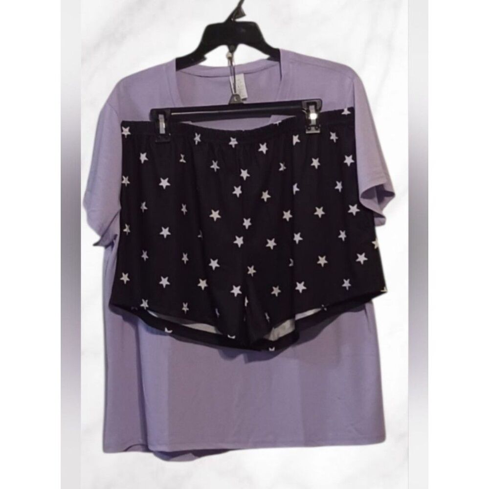 2 Pc Lounging Pajama Set Pocket Lavender Top & Polka Dot Shorts Women's XXL